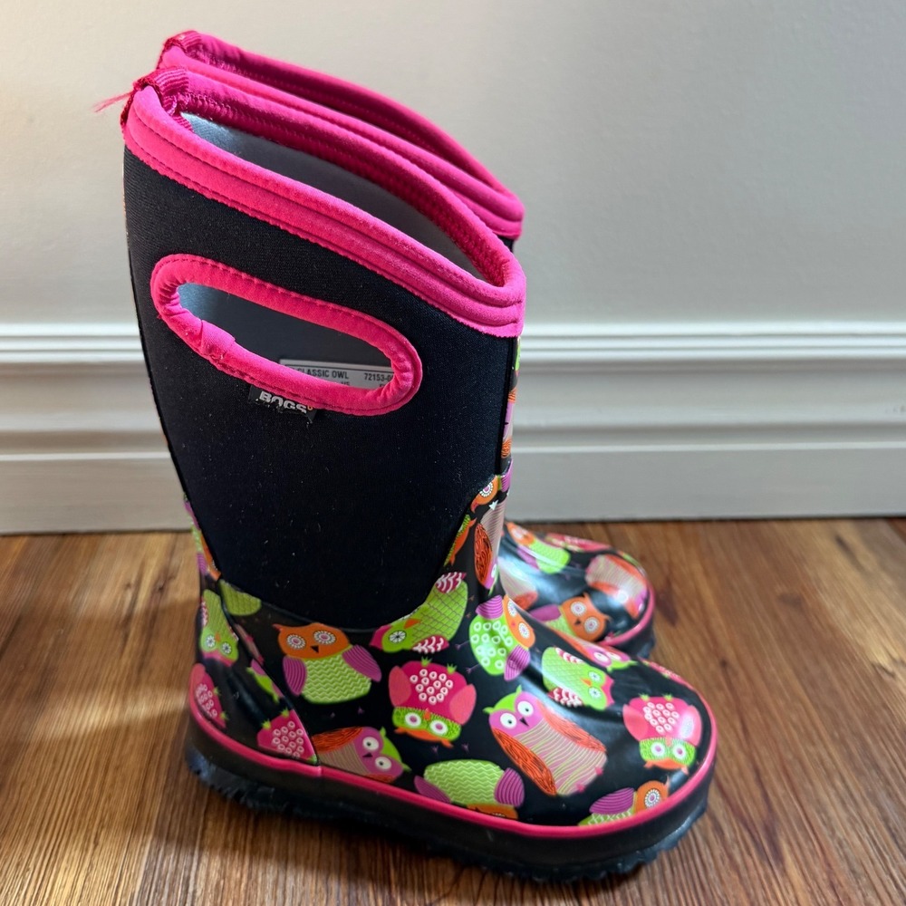 Bogs Kids Classic Owl Waterproof Insulated Winter Rain Boots Black Pink size 10
